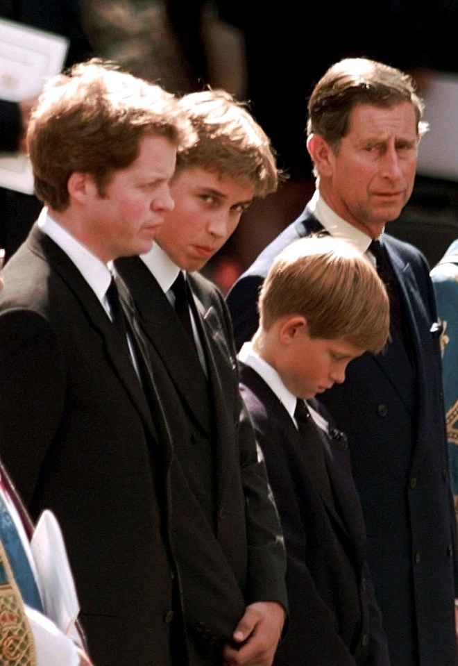 Prince Charles, Prince Harry, Prince William and Earl Spencer at Princess Diana's funeral