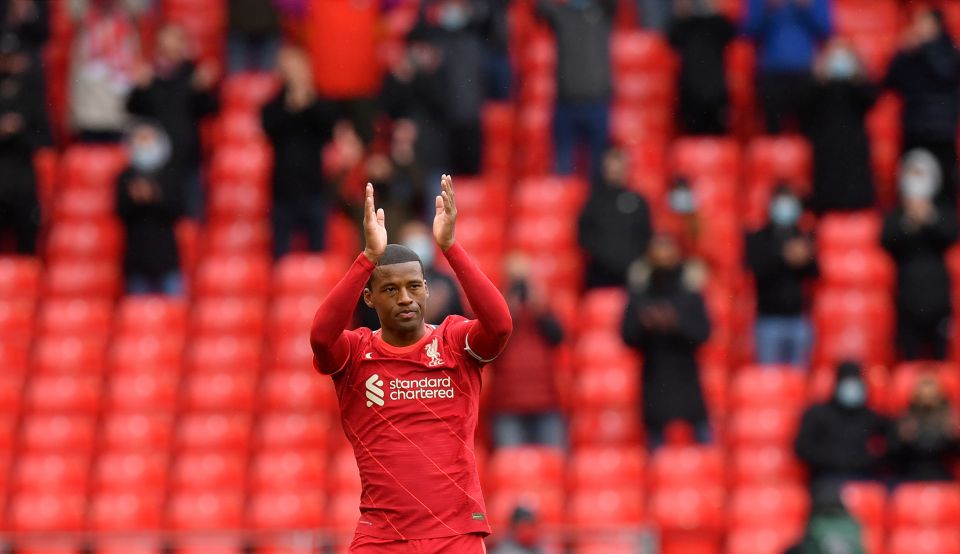 Georginio Wijnaldum applauds the Liverpool fans for the last time