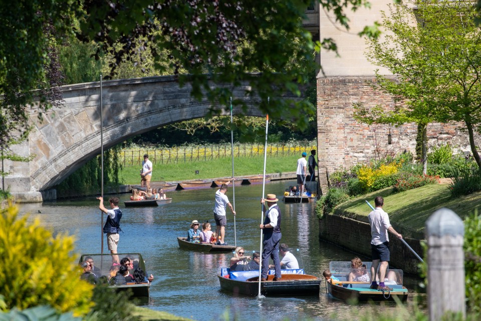 People punting on the River Cam in Cambridge on a sunny Saturday morning