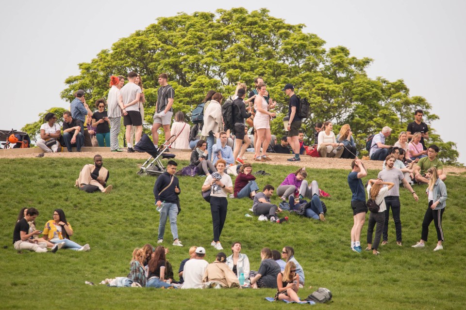 The public enjoy the sunny weather on Primrose Hill, north London