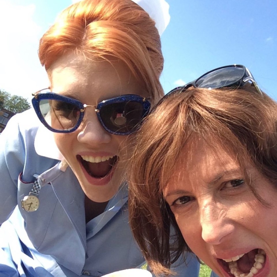 Emerald Fennell who played midwife Patience Mount posed in her uniform with Miranda