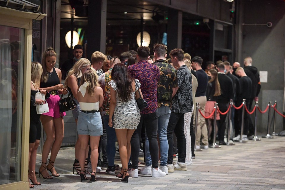 A queue of people waiting to get into a bar in Birmingham