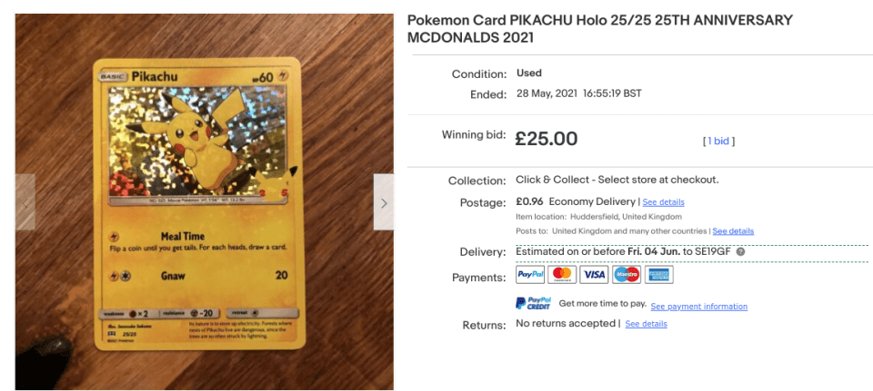 A holographic Pikatchu sold for £25 online