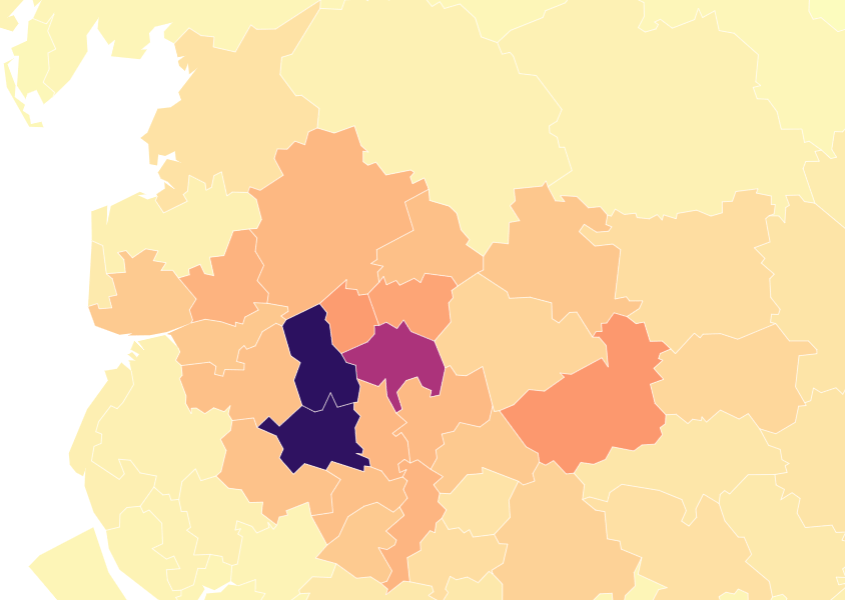 The interactive map shows a cluster of cases in the North West. The two areas in dark purple are Blackburn and Bolton with - the lighter purple shade in Rossendale. It's clear from the map that areas in the North West are in darker shades - meaning a higher level of infections