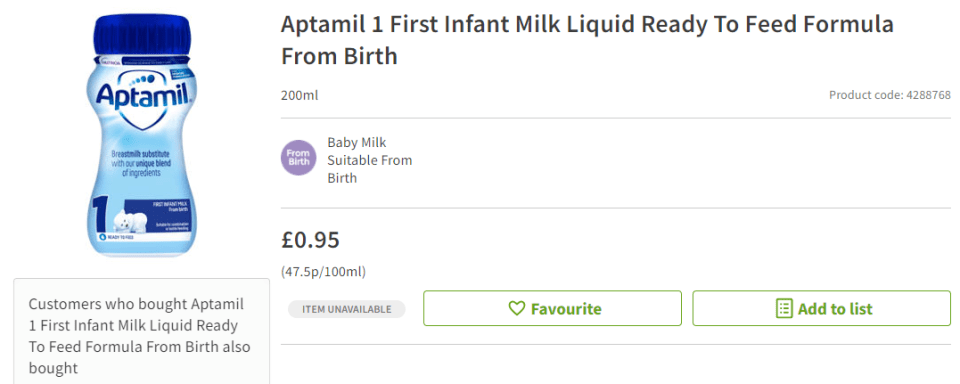 Aptamil was also unavailable at Asda