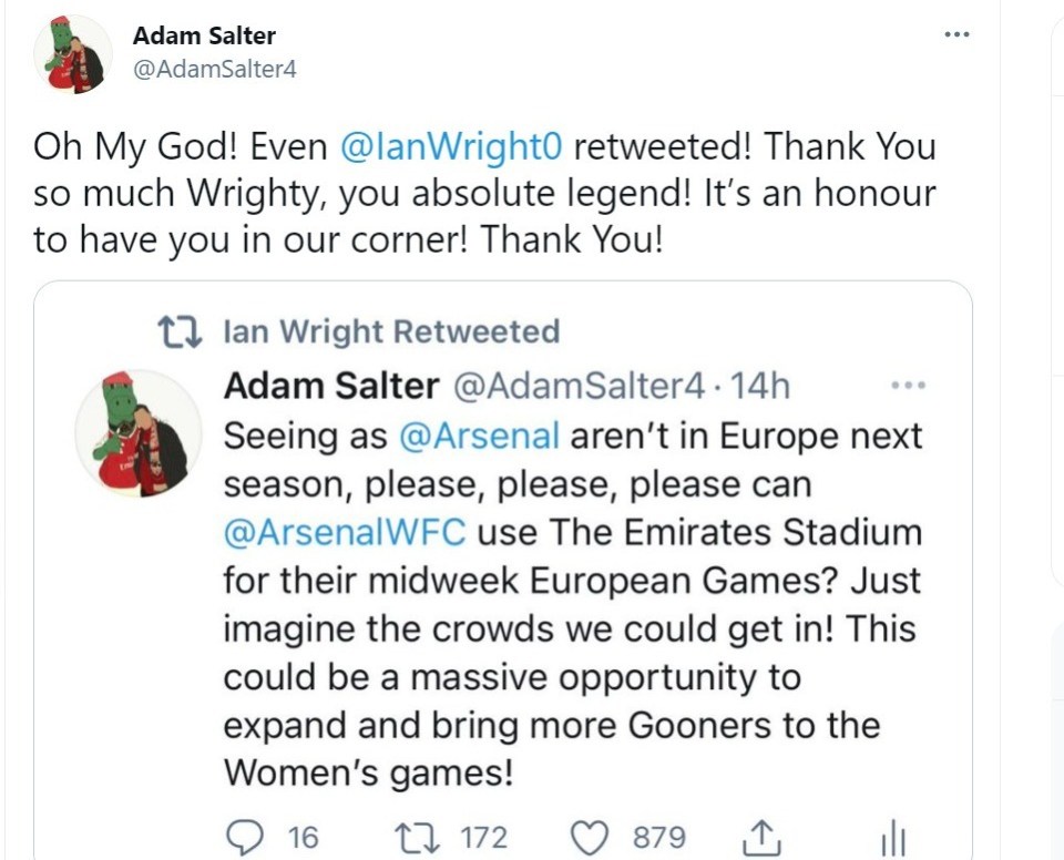 Ian Wright shared a fan's plea for Arsenal's Women's Champions League games to be played at the Emirates