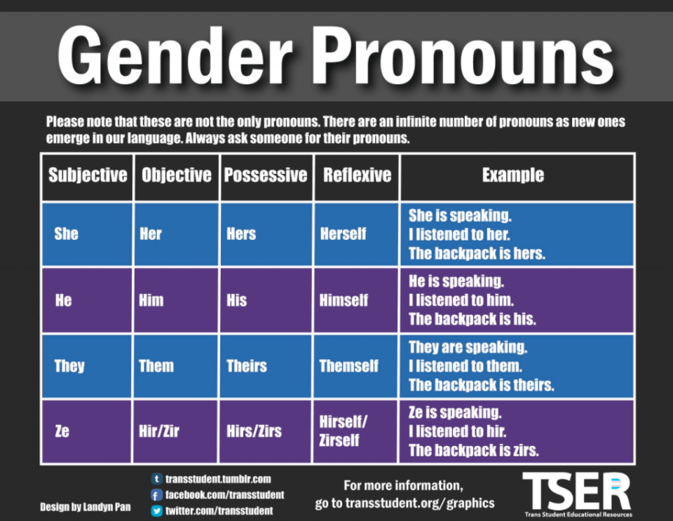 This graphic was prepared by Trans Student Educational Resources, with no 'male/female' or 'man/woman' pronouns. All pronouns can be used for any gender and are gender neutral