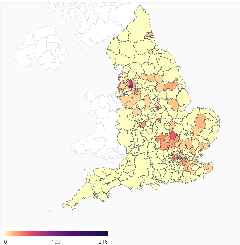 This map shows how many cases have been detected of the Indian variant in each area. The data is only up to April 24, from the Wellcome Sanger Institute