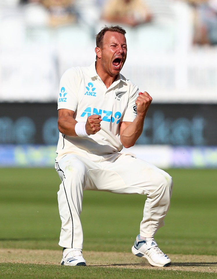 Neil Wagner celebrates taking the wicket of Joe Root