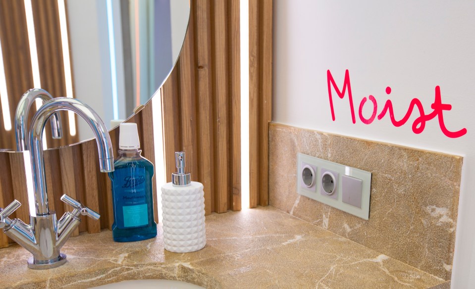 The deeply un-sexy word 'Moist' was snapped beside one of the sinks