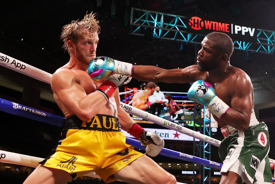 Logan Paul on the end of a right hand from Floyd Mayweather