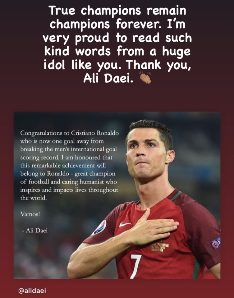 Cristiano Ronaldo and Ali Daei have exchanged classy messages after the Portugal star equalled the record for most international goals