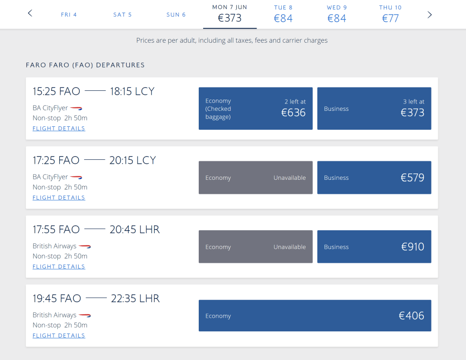 One BA flight has only business class seats left, costing £784 (910 euros)