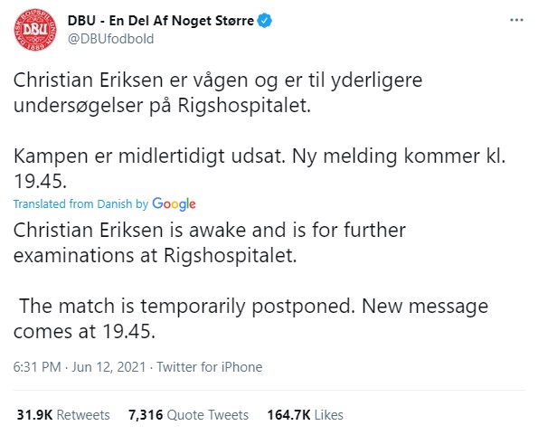 The Danish FA later said Eriksen was awake in hospital