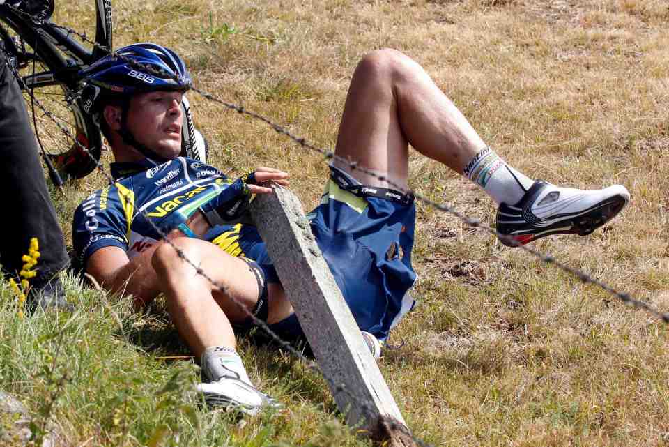 Dutchman Johnny Hoogerland required 33 stitches after being sent flying into barbed wire