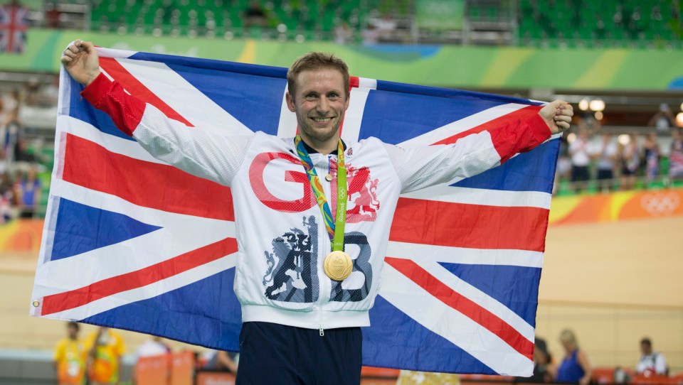 Jason Kenny celebrating after winning keirin gold at Rio 2016.