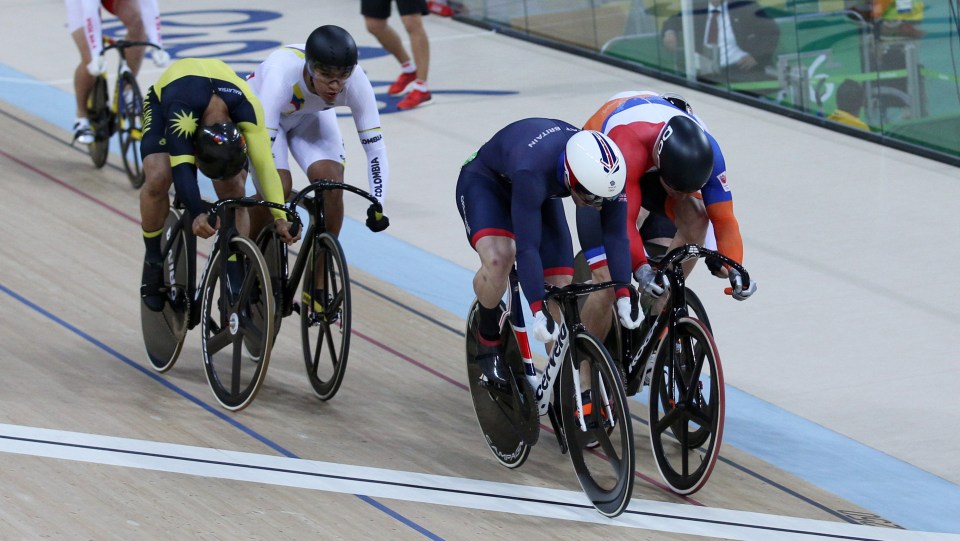 Team GB Jason Kenny crosses the line to win keirin gold at Rio 2016