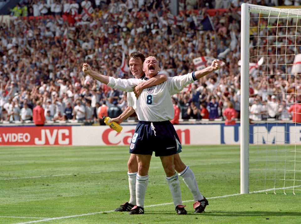 Paul Gascoigne celebrates his goal with Teddy Sheringham in the Euro 96 clash against Scotland