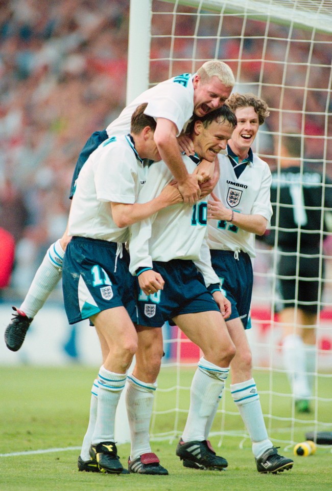 Darren Anderton, Paul Gascoigne and Steve McManaman celebrate with goal scorer Teddy Sheringham