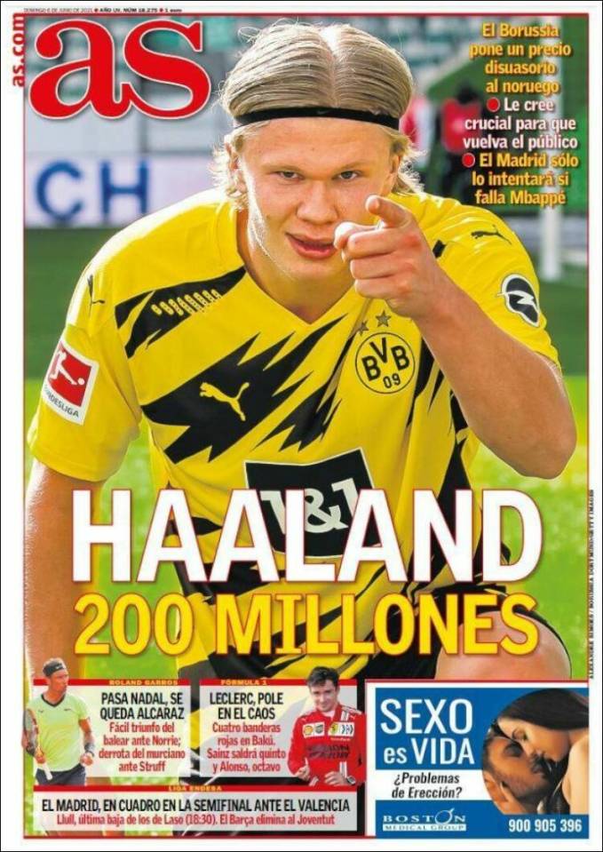 Spanish paper AS have led with the enormous €200m (£172m) asking price being demanded for Erling Haaland