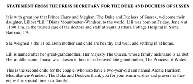 The Sussexes put out this statement after Lilibet's birth