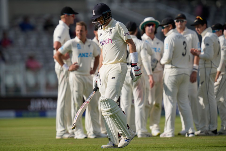 Joe Root leaves the pitch after he is bowled by lbw