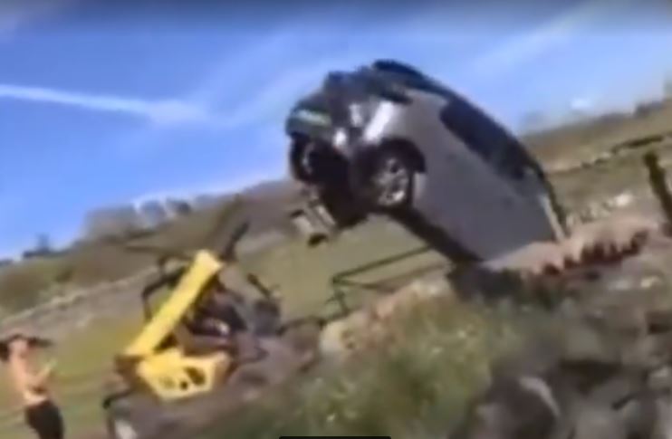 An angry farmer flipped a Vauxhall Corsa after its tire blew out