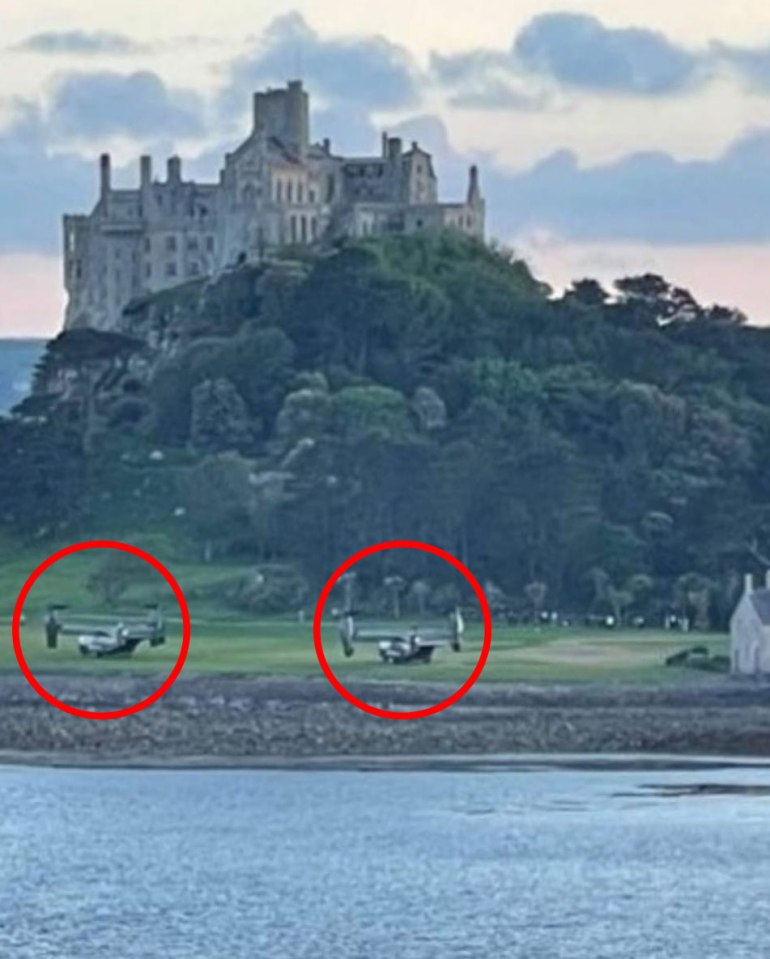 Two Osprey choppers parked on St Michael's Mount near Penzance