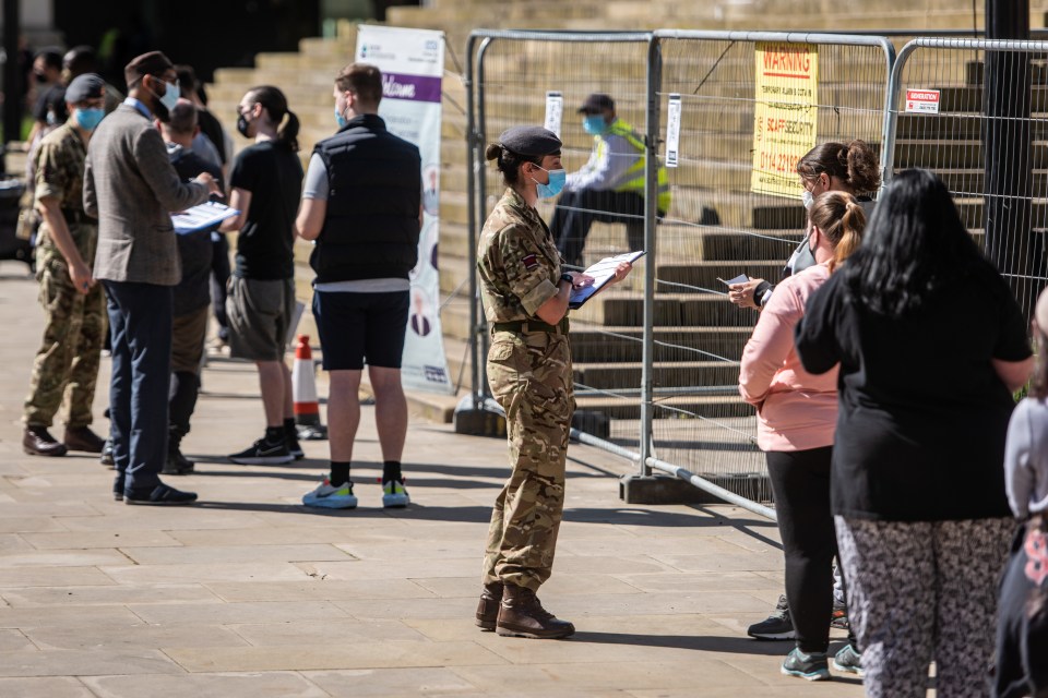 The army has been helping with surge testing and mass vaccination campaigns. Pictured: Military aid at a jab centre in Bolton