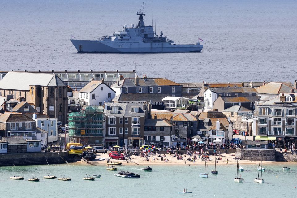 Royal Navy patrol ship HMS Tyne dwarfs St Ives ahead of the G7 summit