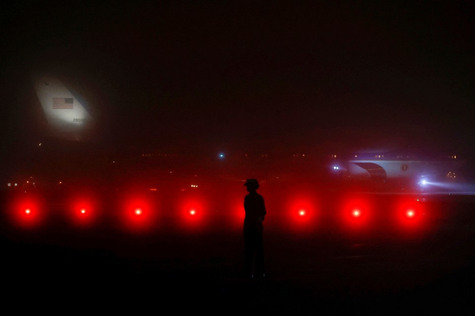 The runway lit up for the President's arrival in southern England