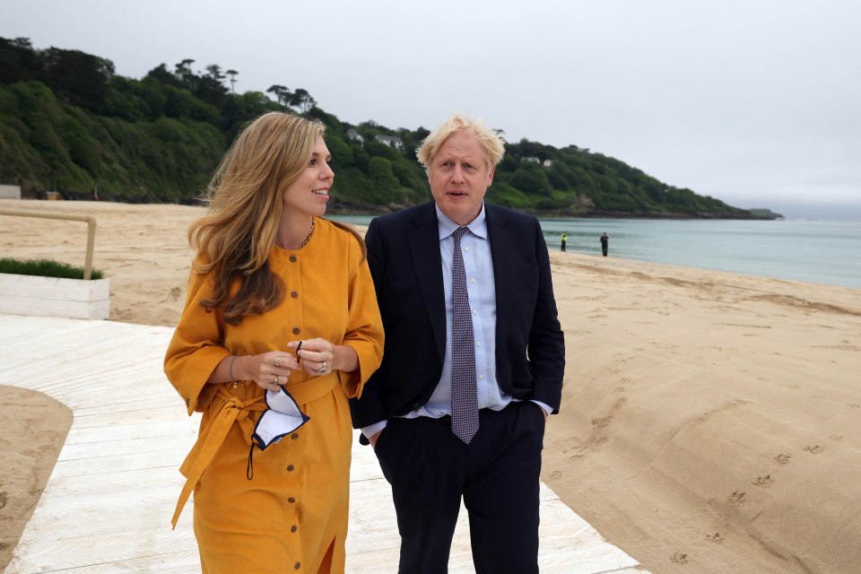 Boris Johnson and Carrie Symonds today at Carbis Bay