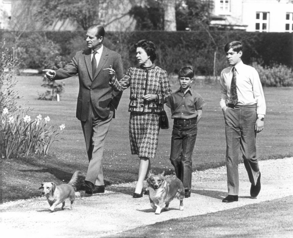 Edward's was the only birth Prince Philip was reportedly at- seen here with the Queen, Prince Philip, Andrew and corgis on a  tour of the gardens of Windsor Castle in 1973