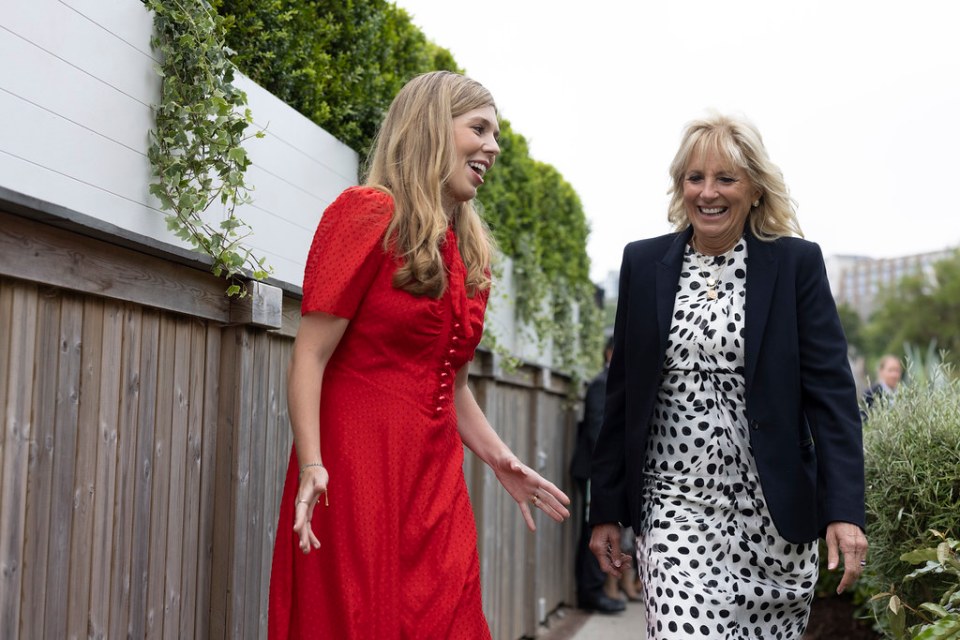 Carrie Symonds and Jill Biden share a laugh in Cornwall today