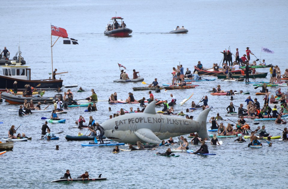 Paddleboarders and surfers promote climate action at Gyllyngvase Beach, Falmouth, Cornwall