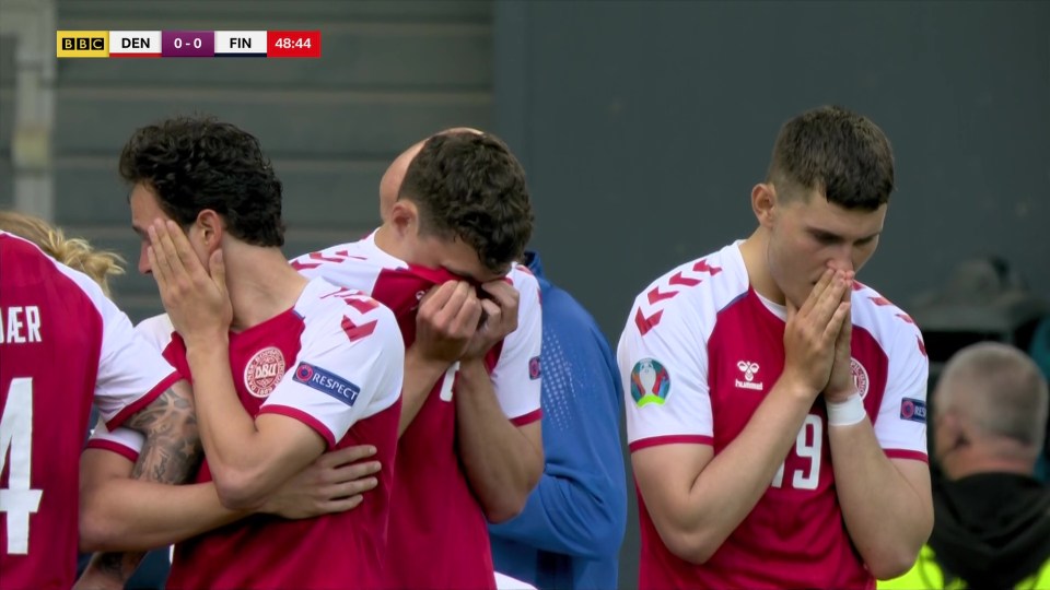 Denmark's players looked distraught after the incident