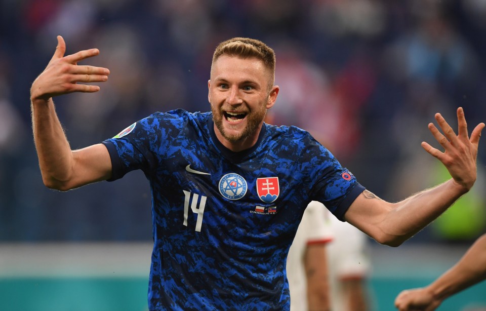 Slovakia's Milan Skriniar celebrates after scoring the winner against Poland