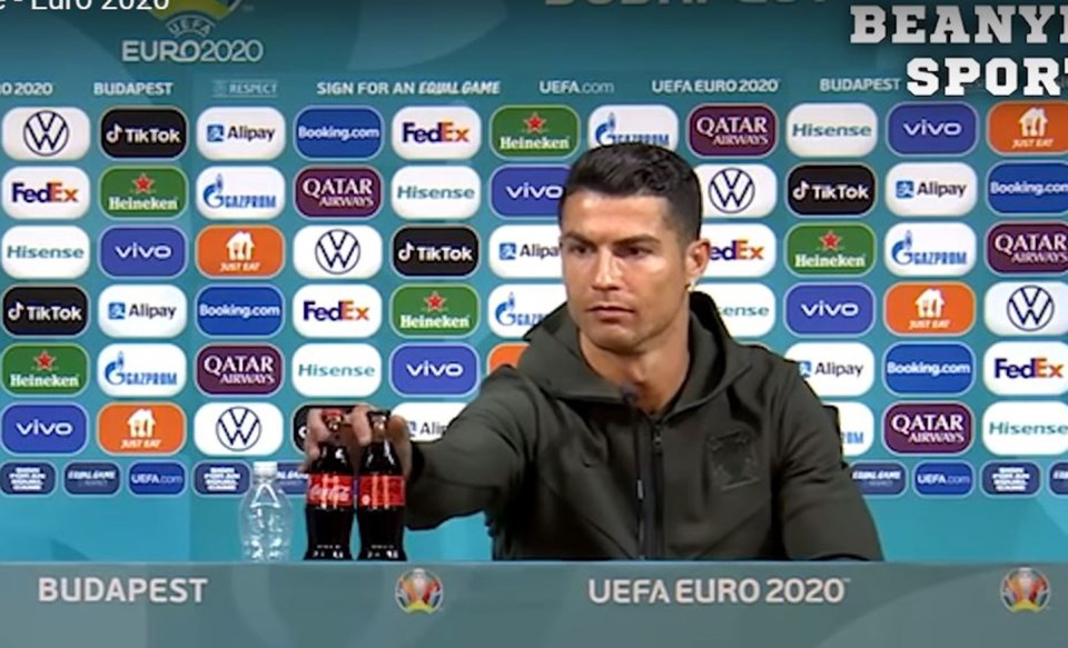 Juventus striker Cristiano Ronaldo removed two Coca-Cola bottles during his press conference on Monday