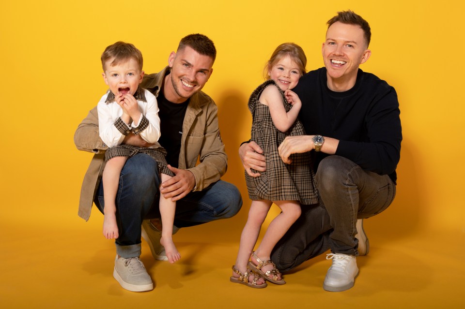 Off-screen Kieron and husband Carl has launched a clothing brand - pictured here with kids Phoebe and Chase