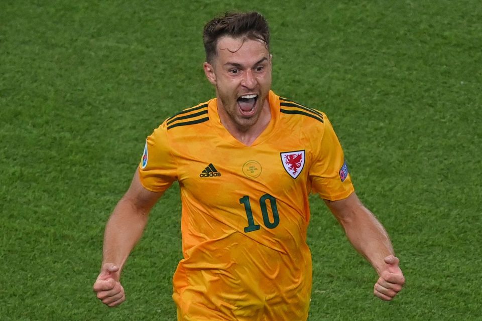 Wales midfielder Aaron Ramsey celebrates his stylish 42nd-minute breakthrough