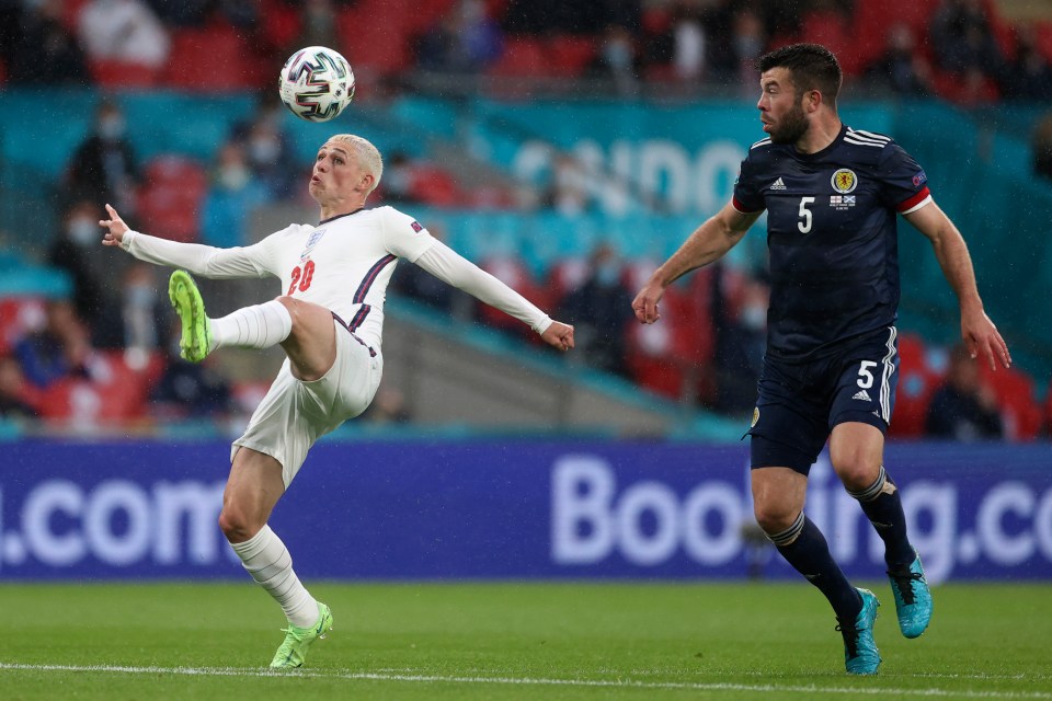 Phil Foden on the attack in the match against Scotland