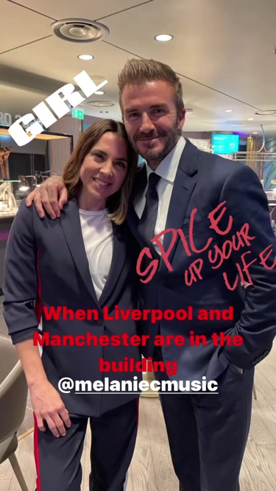 Becks posed for a photo with former Spice Girl Mel C behind the scenes at the home of football