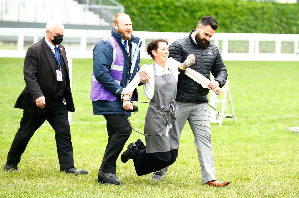 One of the protestors is dragged out by security