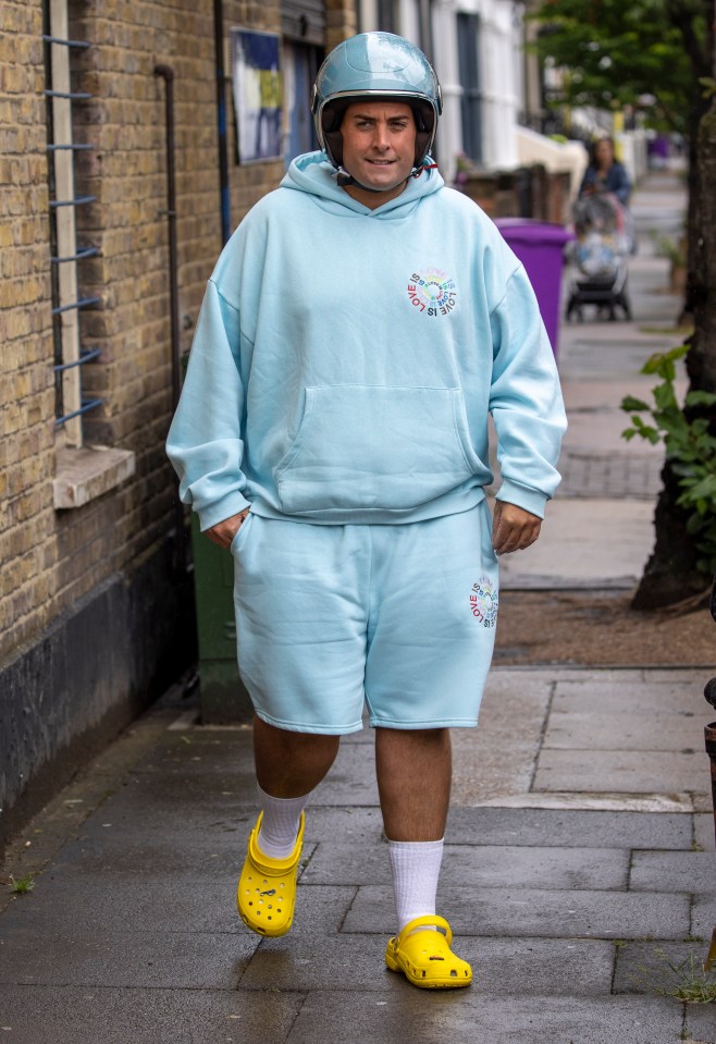 James donned a baby blue hoodie and matching shorts