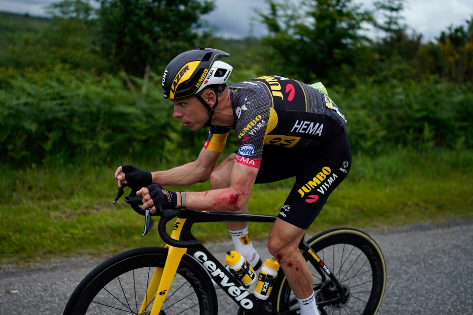 Tony Martin was forced to finish the race with injuries on his arm and leg after the crash