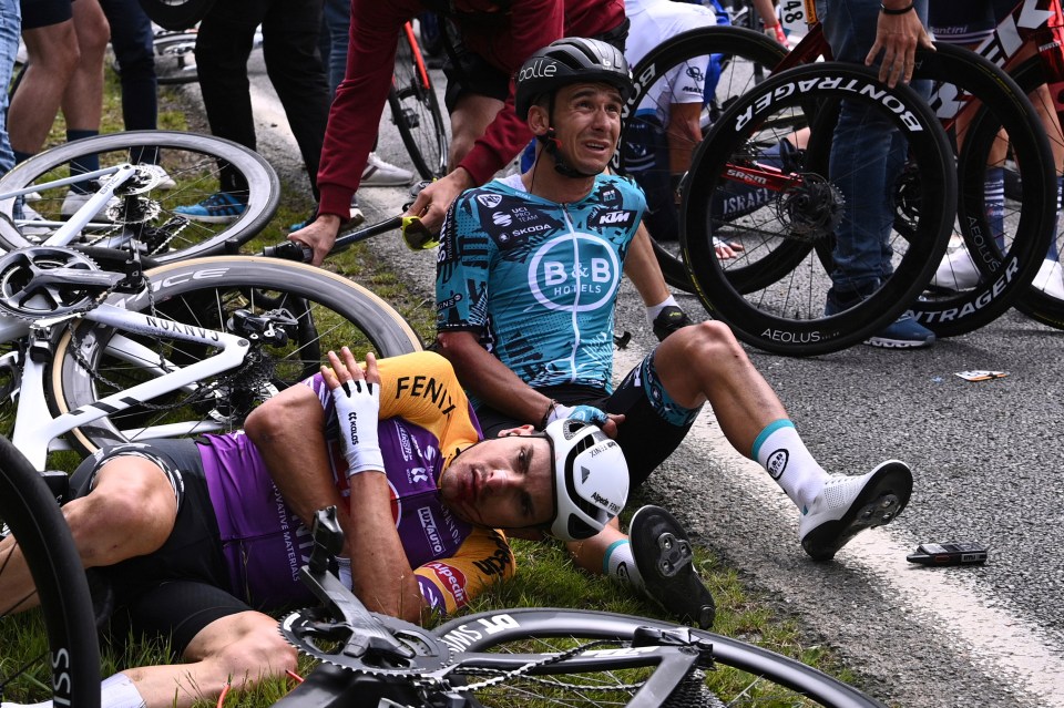 Kristian Sbaragli, left, and France's Bryan Coquard were among the riders injured