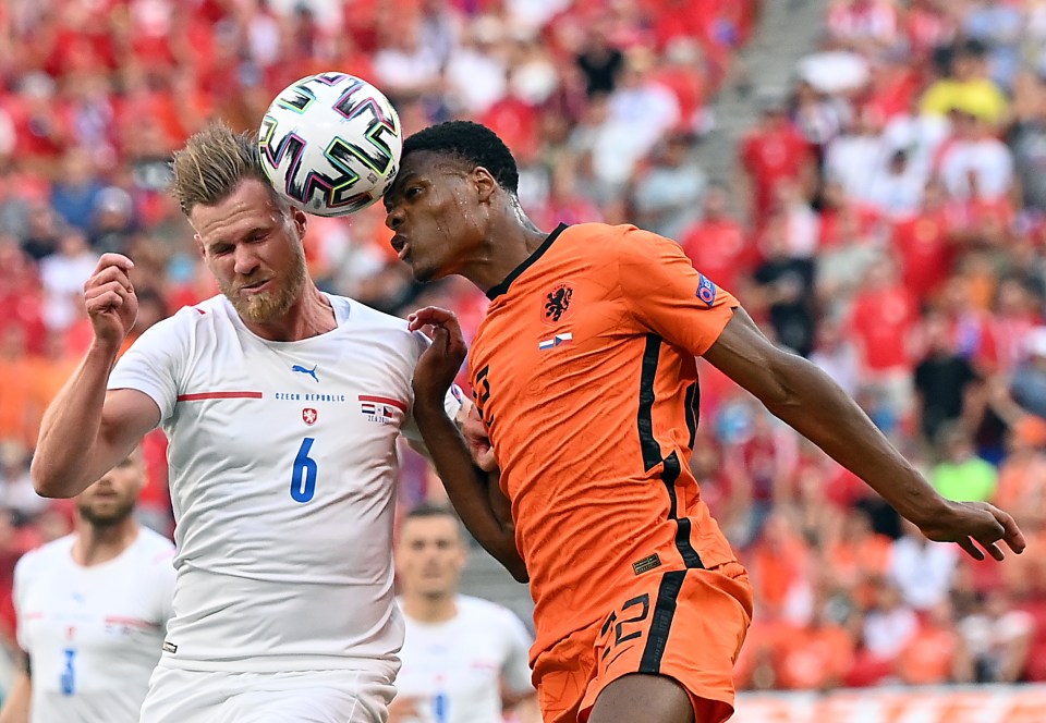 Czech Republic star Tomas Kalas (L) battles for the ball with Dutchman Denzel Dumfries