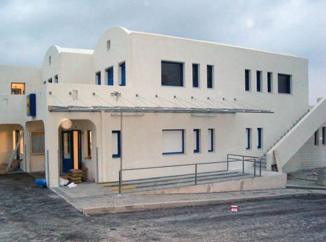 The building in Santorini is in-keeping with the white and blue Greek architecture