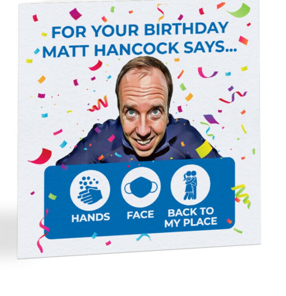 One birthday card features the beaming Matt Hancock while poking fun at the government's slogan