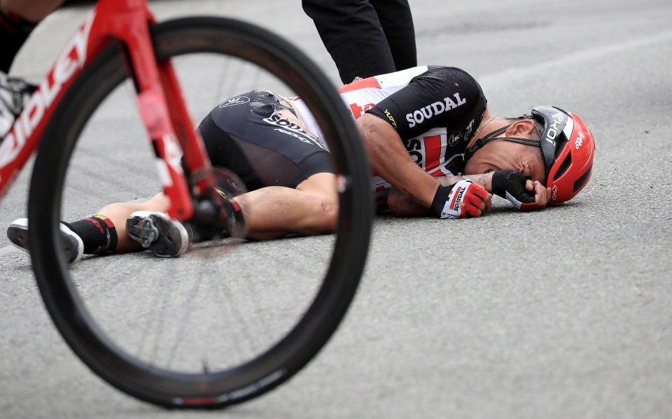 Caleb Ewan was involved in a horror crash during stage three of the Tour de France